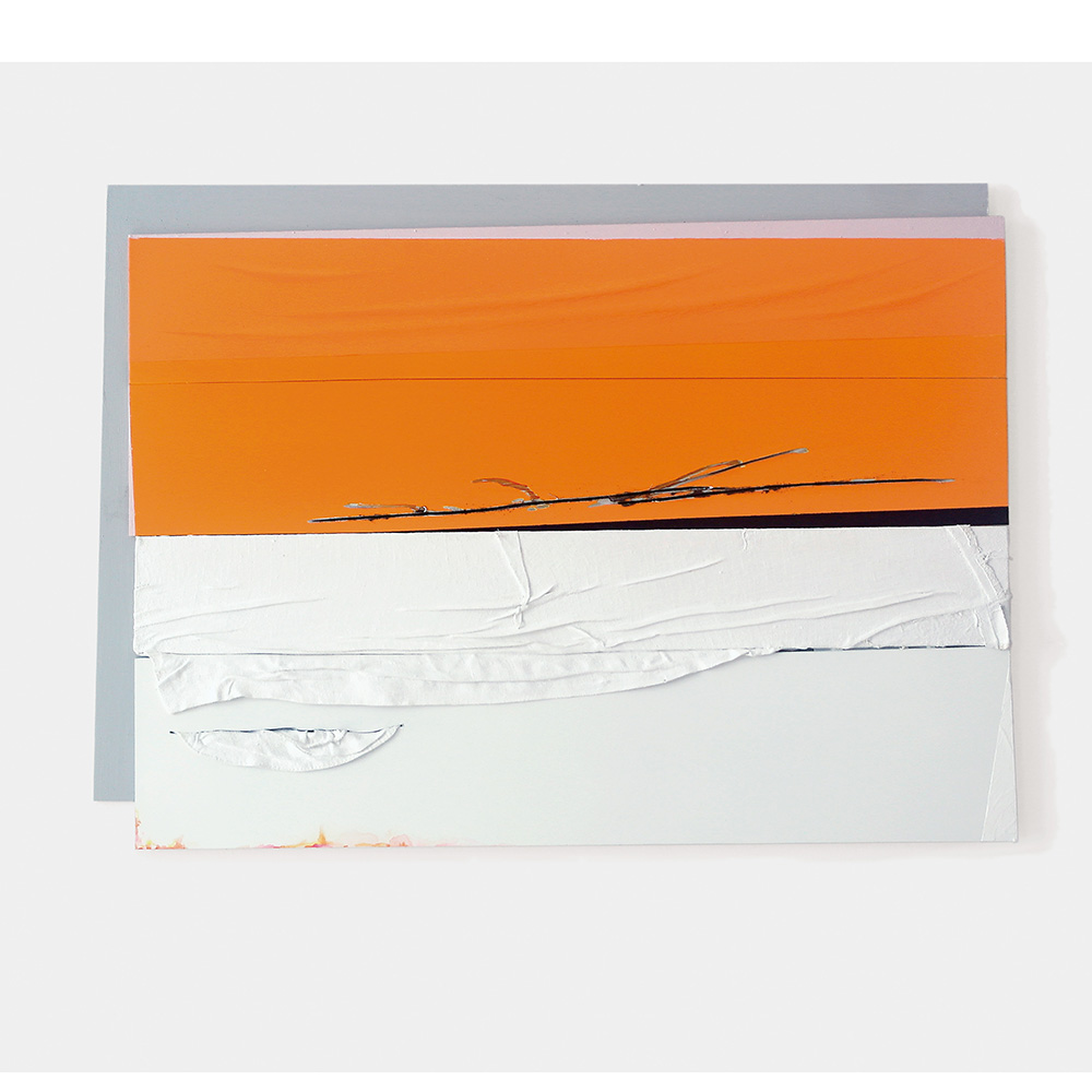 Fahne, orange /weiß, 2019, Öl, Lack, Acryl, Hemd, Alu-Dibond, 40,5 x 55 cm