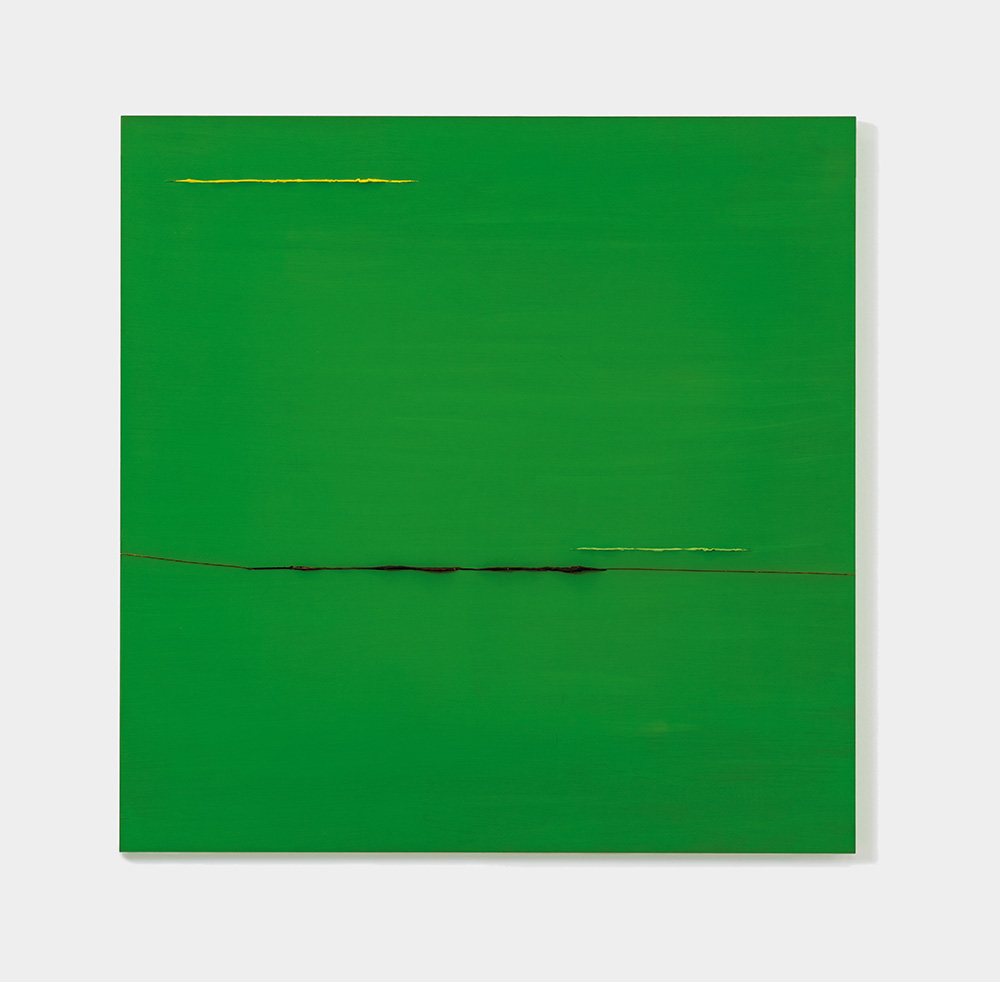 Gelb, Grün, Blau durch Grün, 2019, Acryl hinter und durch Plexiglas, 84 x 84 cm