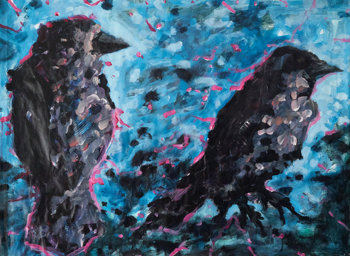 Susanne Lorenz: Zwei Vögel, 2020, Plakat/Acryl, 60 x 80 cm
