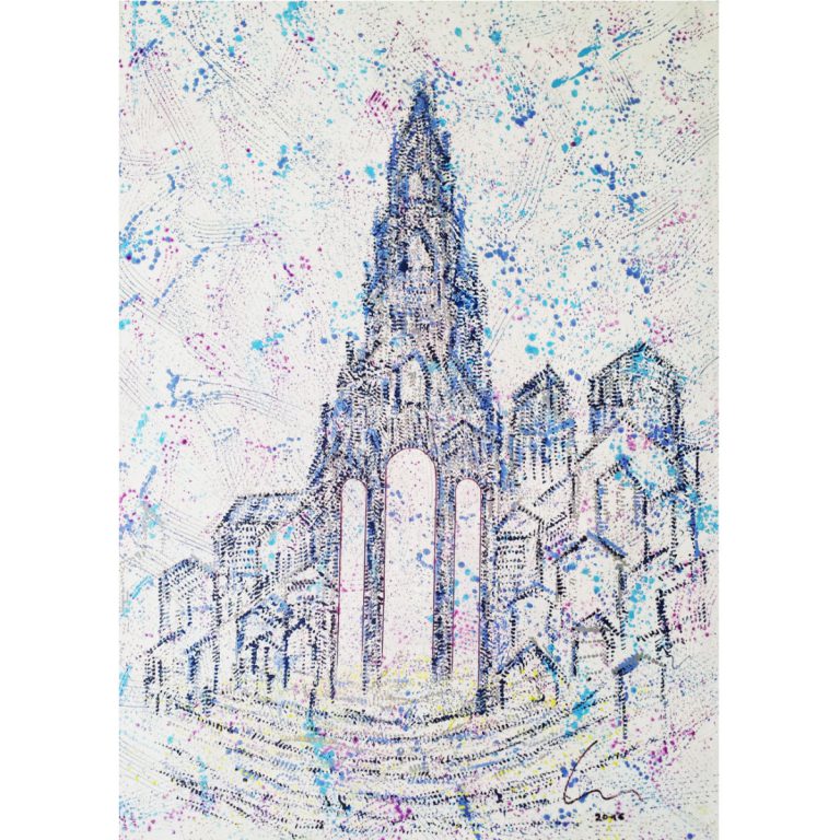Eberhard Spitzer: Gedächtniskirche, 2019, Acryl, Dispersion und Tropftechnik auf Holz, 170 x 120 cm